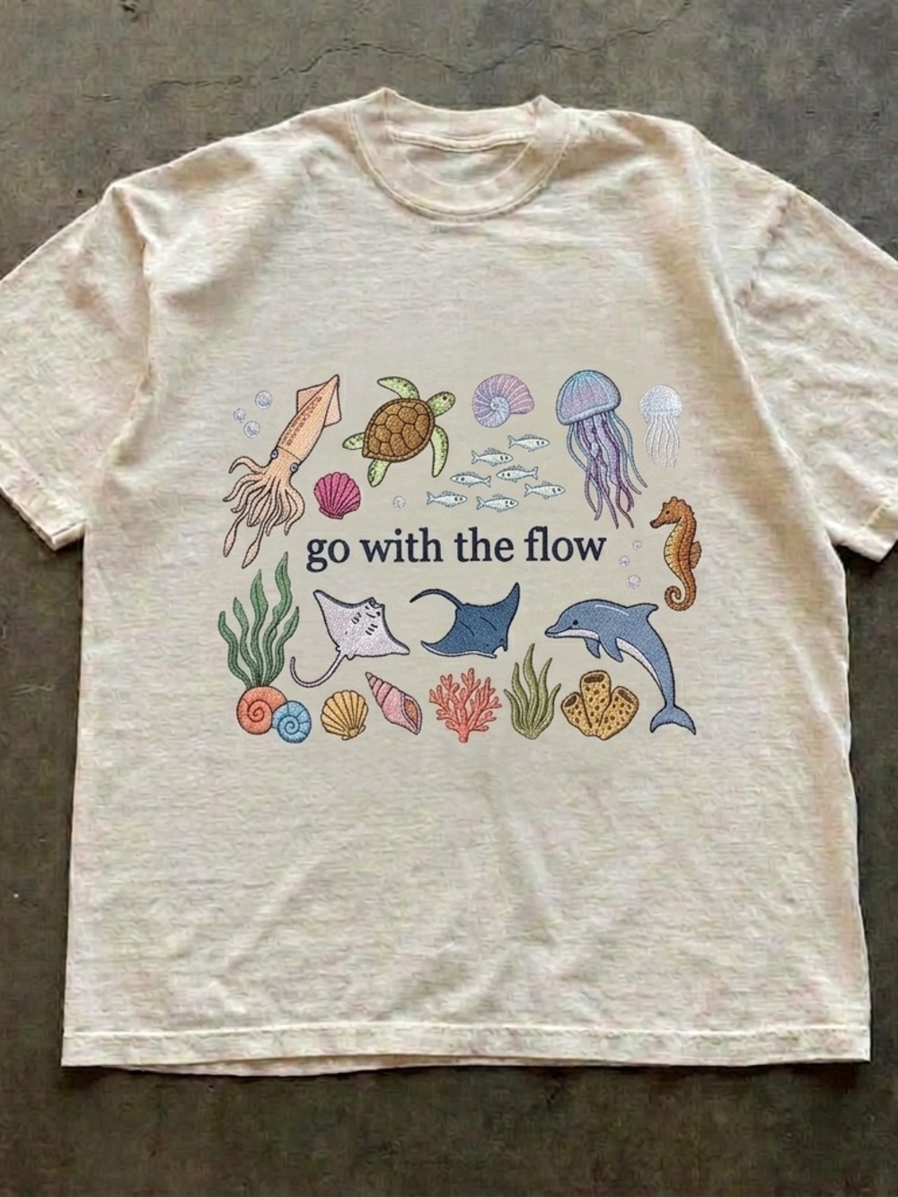 Go With The Flow Ocean Shirt, Marine Life Sea Life Tee - Off White Unisex